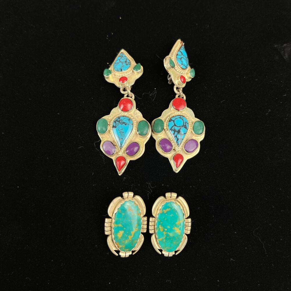 Vintage 925 Sterling Silver Turquoise Gemstone Earrings Lot PJS Signed 2 Pairs
